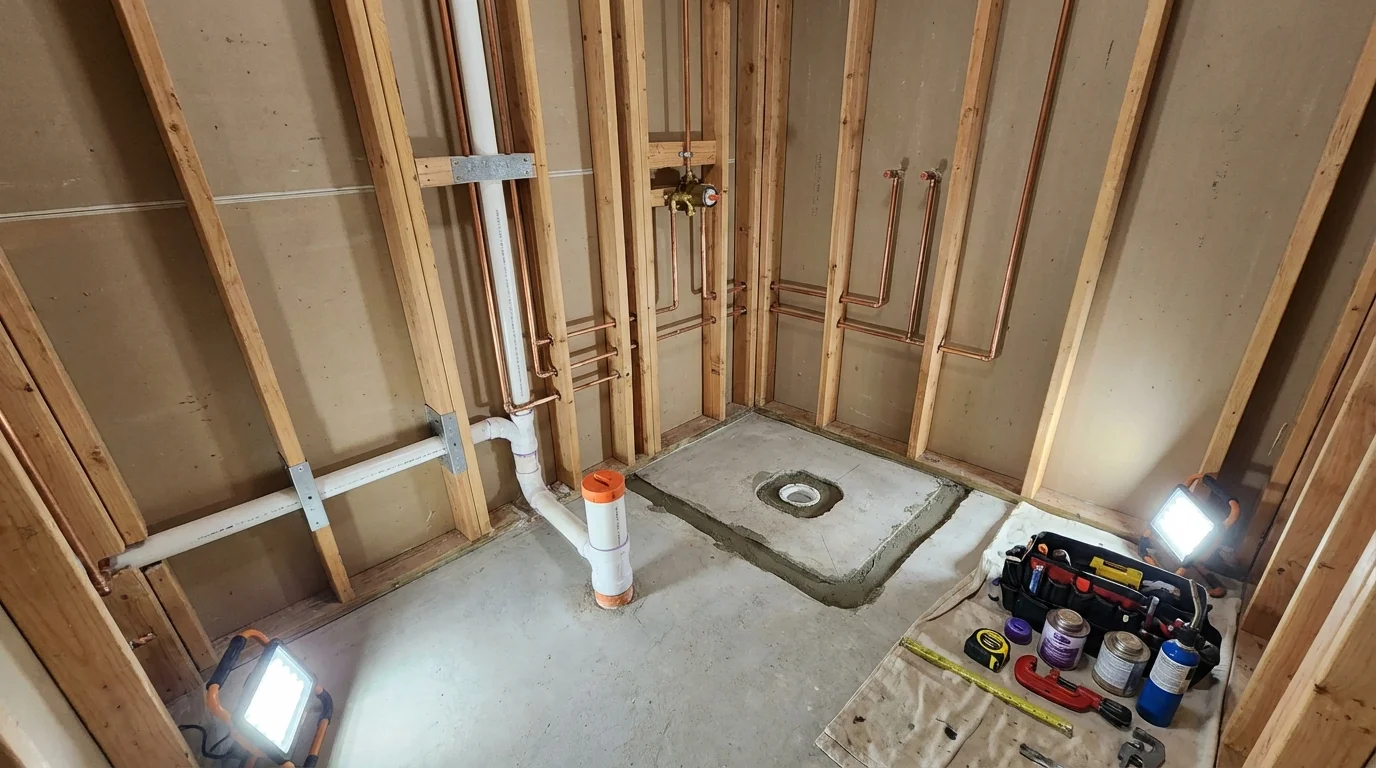 Bathroom rough-in plumbing during remodel by Johns Plumbing LLC in Carver